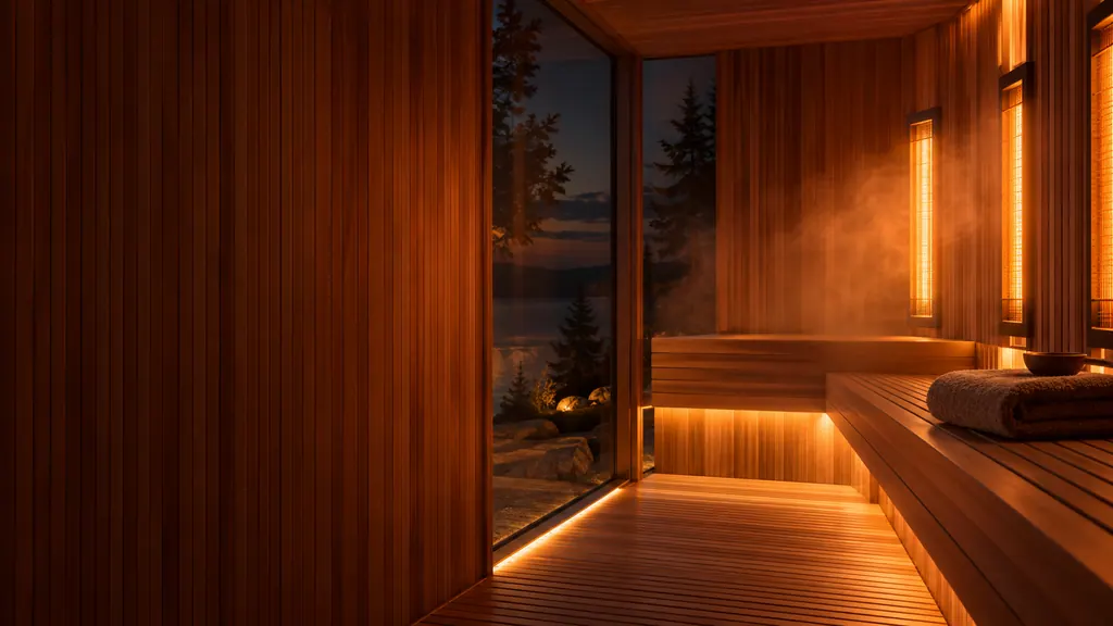 Red cedar infrared sauna cabin glowing with warm full spectrum heater light